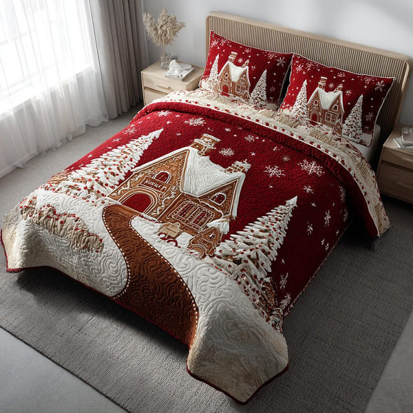Gingerbread Christmas Village quilted 3-piece bedding set on a made bed in a winter-styled bedroom
