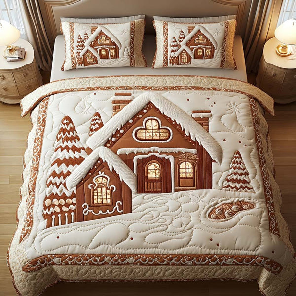 Gingerbread Cottage quilted 3-piece bedding set on a made bed in a winter-styled bedroom