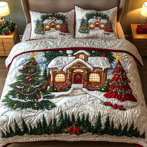 Gingerbread Cottage quilted 3-piece bedding set on a made bed in a winter-styled bedroom