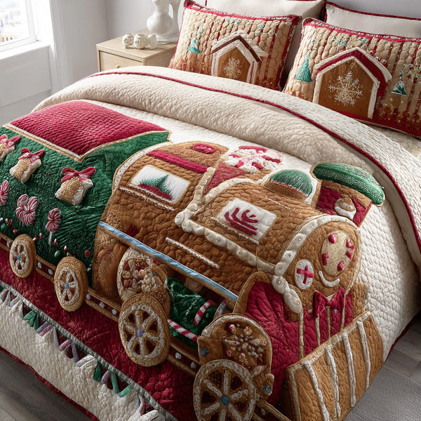 Gingerbread Cozy Lane quilted 3-piece bedding set on a made bed in a winter-styled bedroom