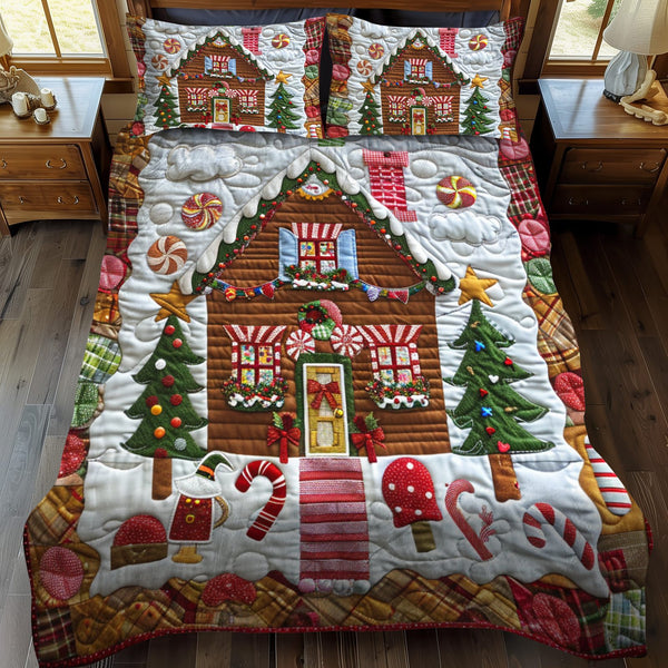 Gingerbread Delight quilted 3-piece bedding set on a made bed in a winter-styled bedroom