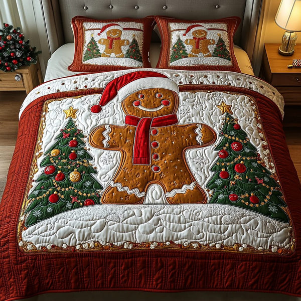 Gingerbread Delight quilted 3-piece bedding set on a made bed in a winter-styled bedroom