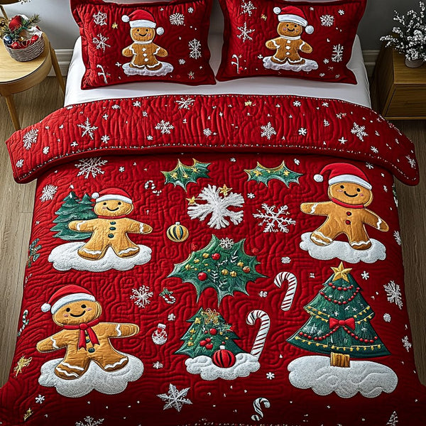 Gingerbread Dreams quilted 3-piece bedding set on a made bed in a winter-styled bedroom