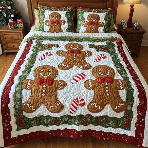 Gingerbread Dreams quilted 3-piece bedding set on a made bed in a winter-styled bedroom