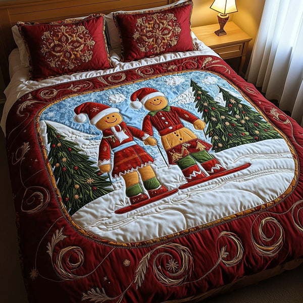 Gingerbread Dreams quilted 3-piece bedding set on a made bed in a winter-styled bedroom