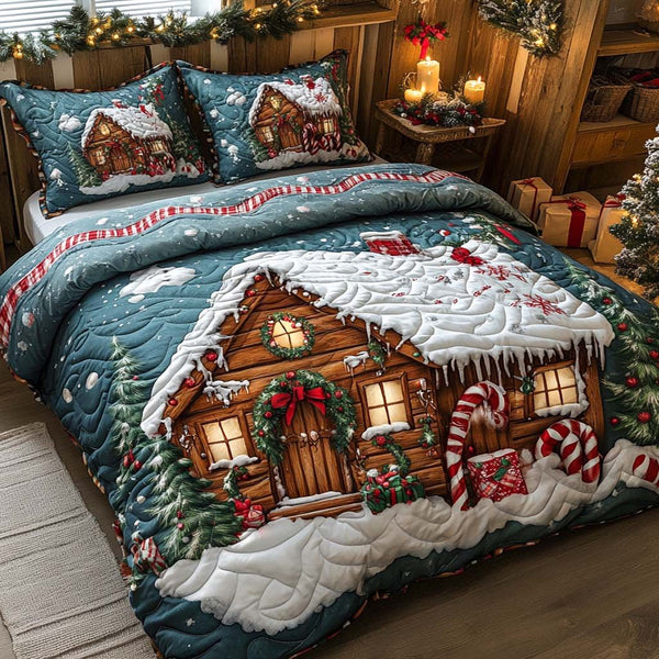 Gingerbread Dreams quilted 3-piece bedding set on a made bed in a winter-styled bedroom