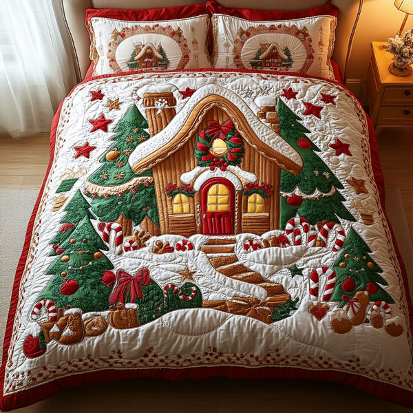 Gingerbread Glow quilted 3-piece bedding set on a made bed in a winter-styled bedroom