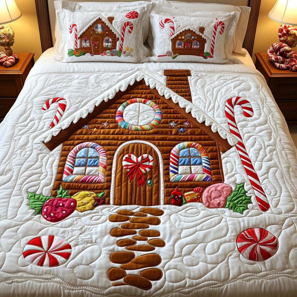 Gingerbread Haven quilted 3-piece bedding set on a made bed in a winter-styled bedroom
