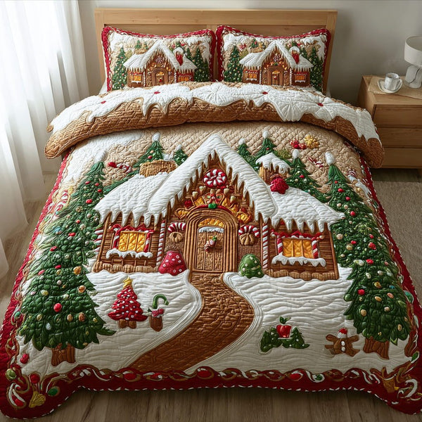Gingerbread Hearth Magic quilted 3-piece bedding set on a made bed in a winter-styled bedroom