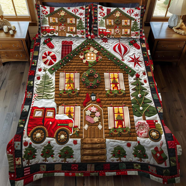Gingerbread House quilted 3-piece bedding set on a made bed in a winter-styled bedroom