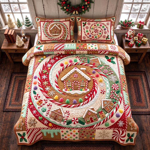 Gingerbread Joy quilted 3-piece bedding set on a made bed in a winter-styled bedroom