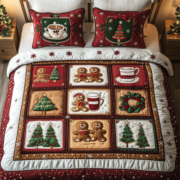 Gingerbread Joy quilted 3-piece bedding set on a made bed in a winter-styled bedroom