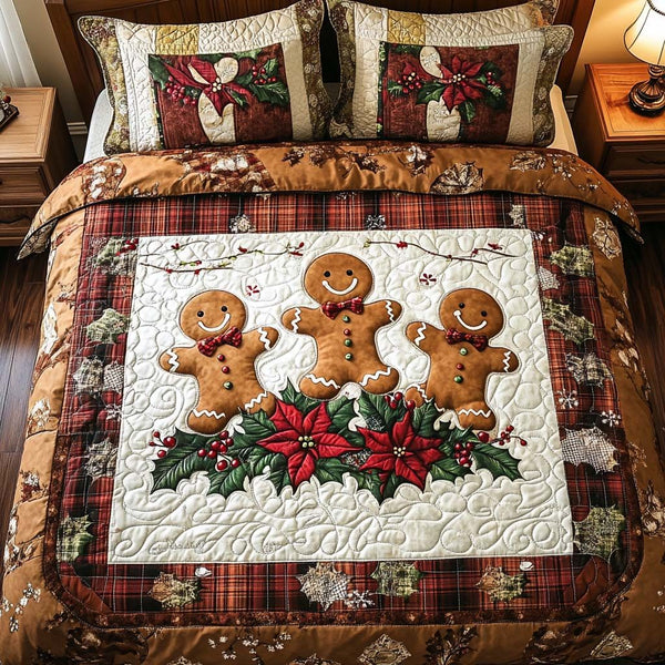 Gingerbread Joy quilted 3-piece bedding set on a made bed in a winter-styled bedroom