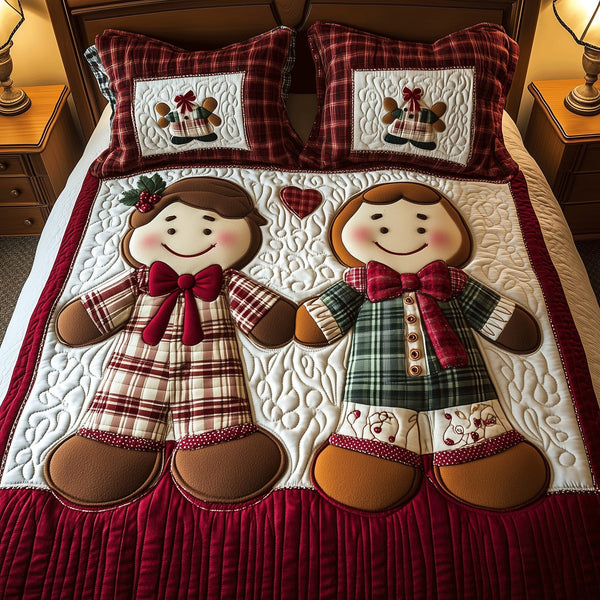 Gingerbread Joy Set quilted 3-piece bedding set on a made bed in a winter-styled bedroom