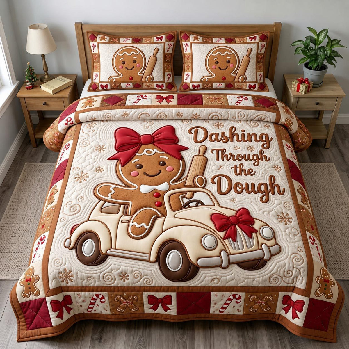 Gingerbread Man quilted 3-piece bedding set on a made bed in a winter-styled bedroom