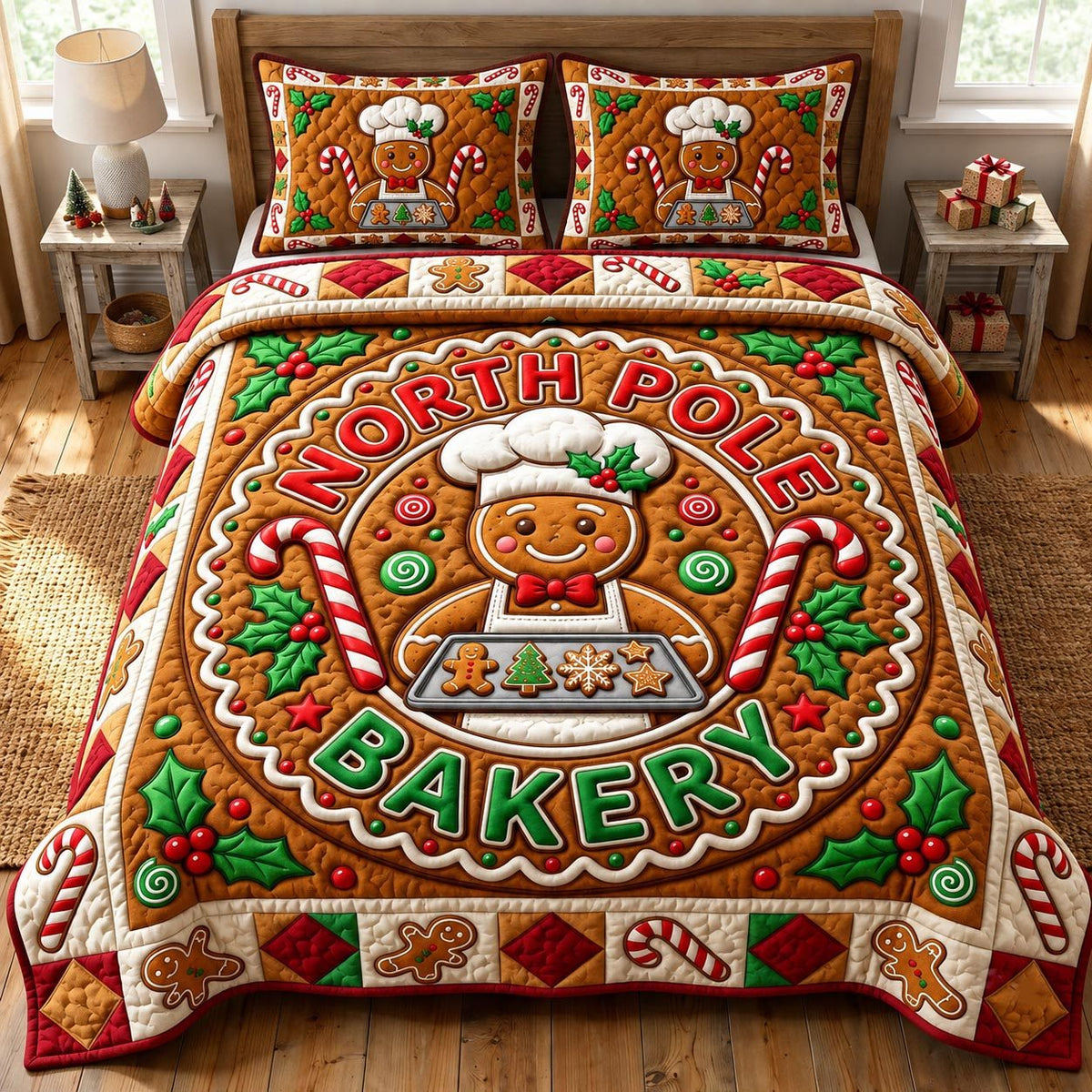 Gingerbread Man quilted 3-piece bedding set on a made bed in a winter-styled bedroom