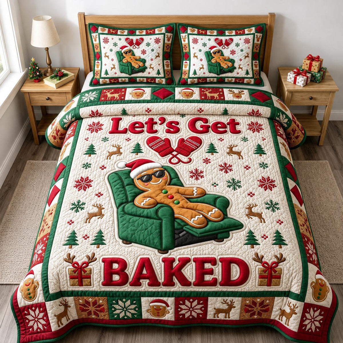 Gingerbread Man quilted 3-piece bedding set on a made bed in a winter-styled bedroom