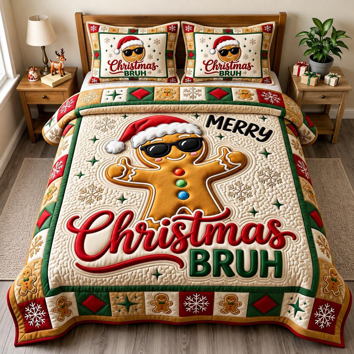 Gingerbread Man quilted 3-piece bedding set on a made bed in a winter-styled bedroom