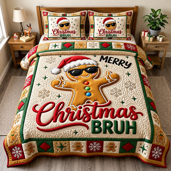 Gingerbread Man quilted 3-piece bedding set on a made bed in a winter-styled bedroom