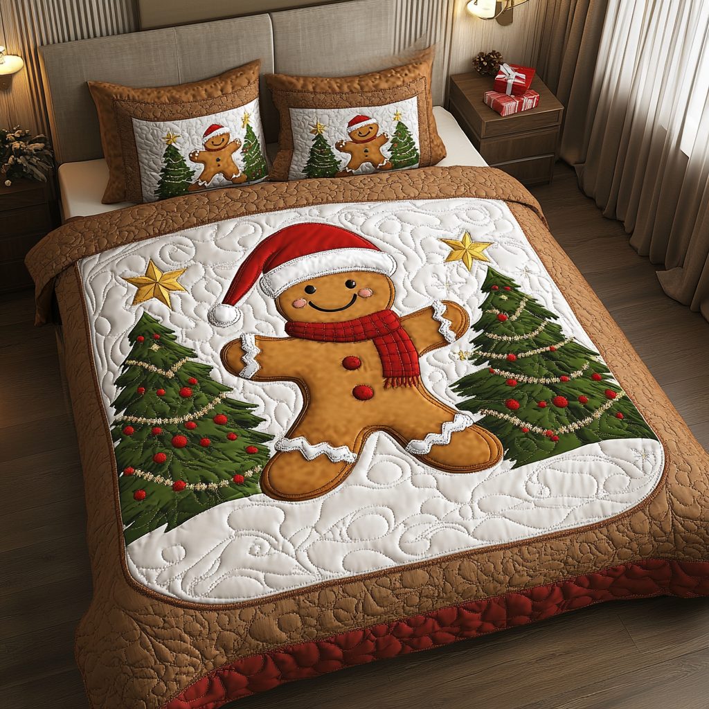Gingerbread Serenity quilted 3-piece bedding set on a made bed in a winter-styled bedroom