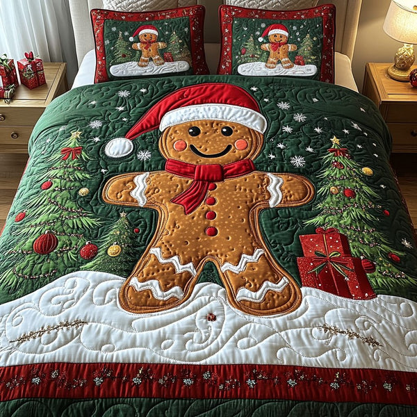 Gingerbread Sparkle quilted 3-piece bedding set on a made bed in a winter-styled bedroom