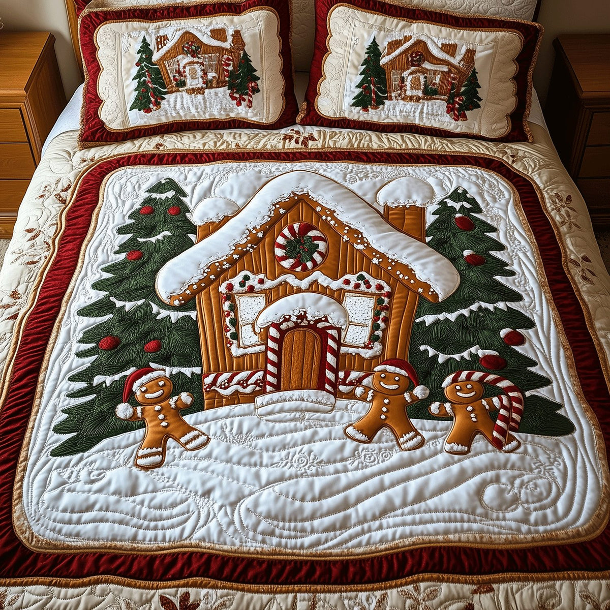 Gingerbread Village quilted 3-piece bedding set on a made bed in a winter-styled bedroom