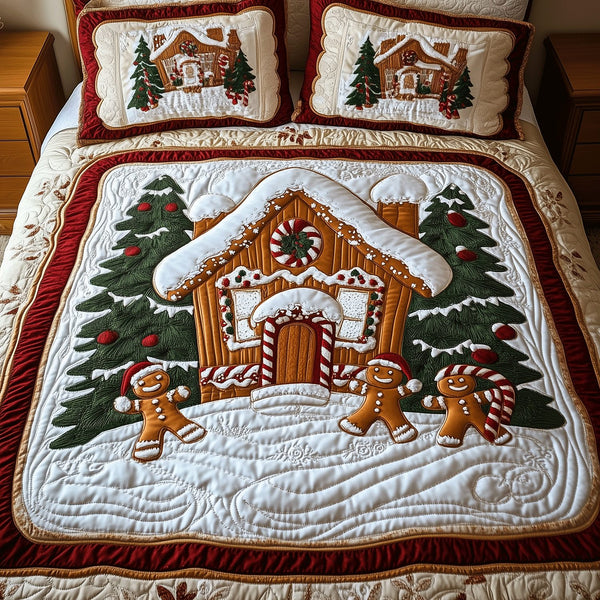 Gingerbread Village quilted 3-piece bedding set on a made bed in a winter-styled bedroom