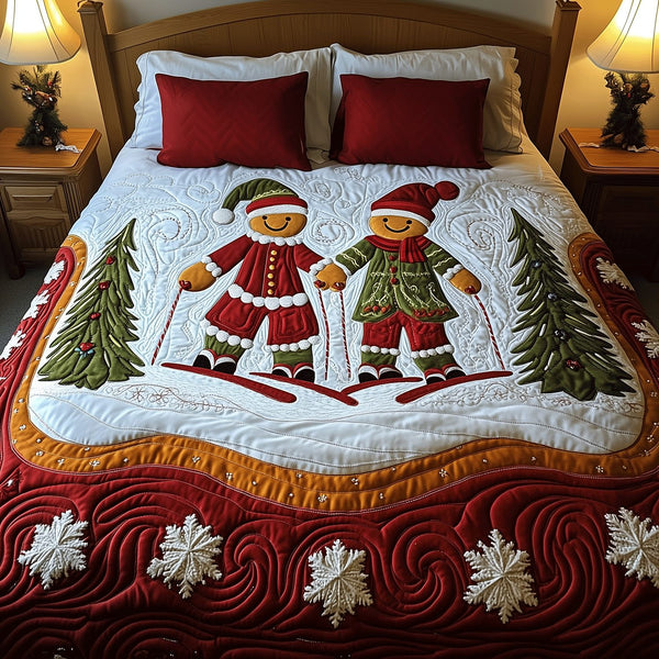 Gingerbread Wishes quilted 3-piece bedding set on a made bed in a winter-styled bedroom