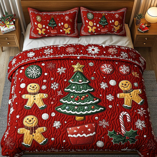 Gingerbread Wonderland quilted 3-piece bedding set on a made bed in a winter-styled bedroom