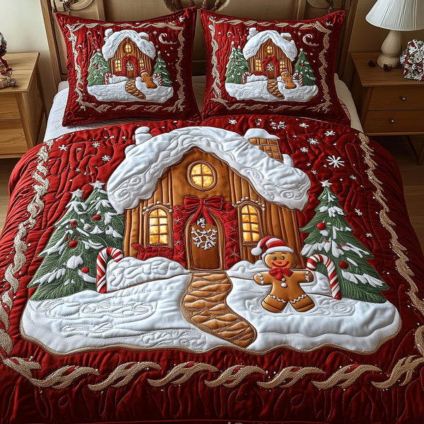 Gingerbread Wonderland quilted 3-piece bedding set on a made bed in a winter-styled bedroom