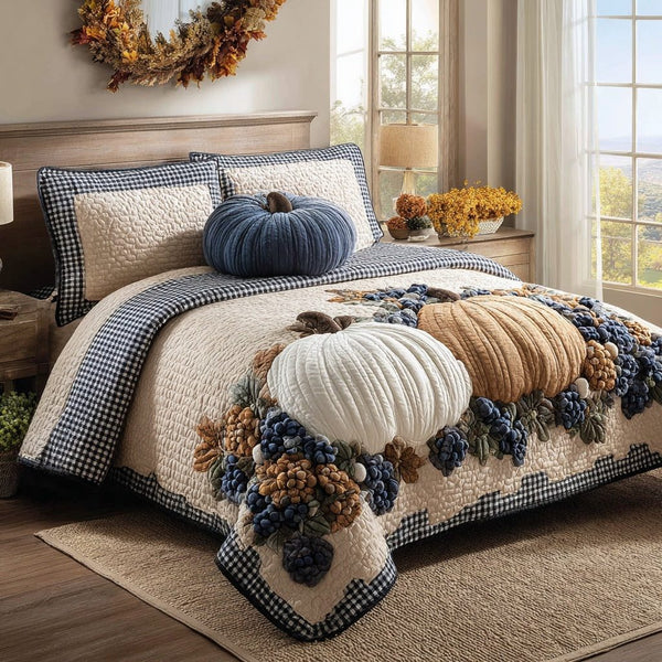 Gingham Pumpkins quilted 3-piece bedding set on a made bed against a dark styled interior
