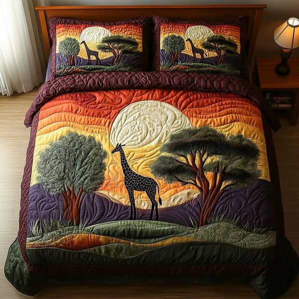 Giraffe Bliss quilted 3-piece bedding set on a made bed with two matching pillow shams