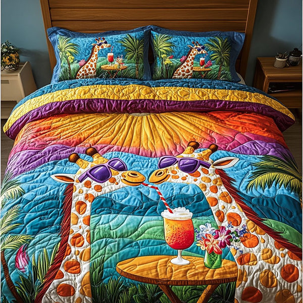 Giraffe Escape quilted 3-piece bedding set on a made bed with two matching pillow shams