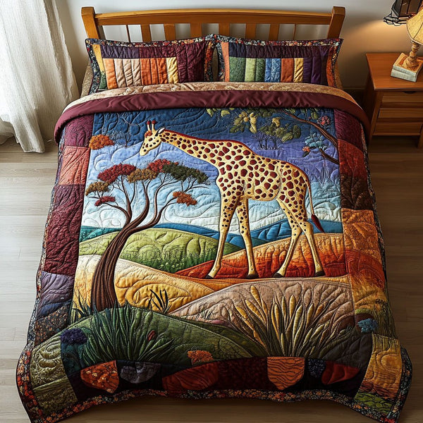 Giraffe Glow quilted 3-piece bedding set on a made bed with two matching pillow shams