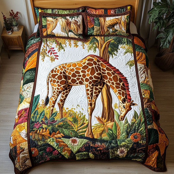 Giraffe Haven quilted 3-piece bedding set on a made bed with two matching pillow shams