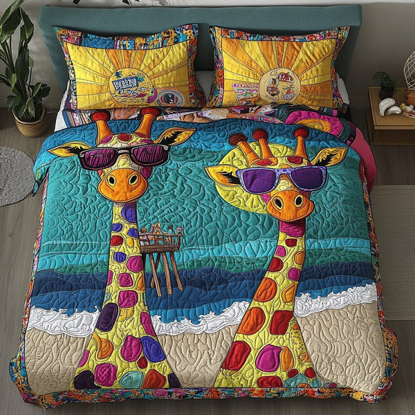 Giraffe Horizon quilted 3-piece bedding set on a made bed with two matching pillow shams