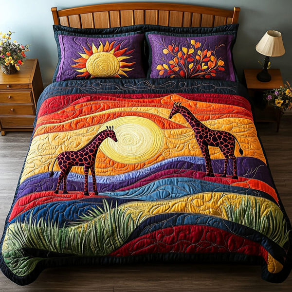 Giraffe Journey quilted 3-piece bedding set on a made bed with two matching pillow shams