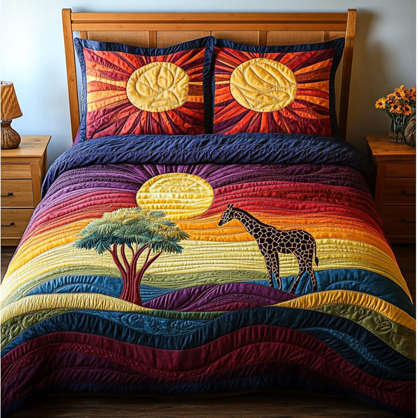 Giraffe Paradise quilted 3-piece bedding set on a made bed with two matching pillow shams