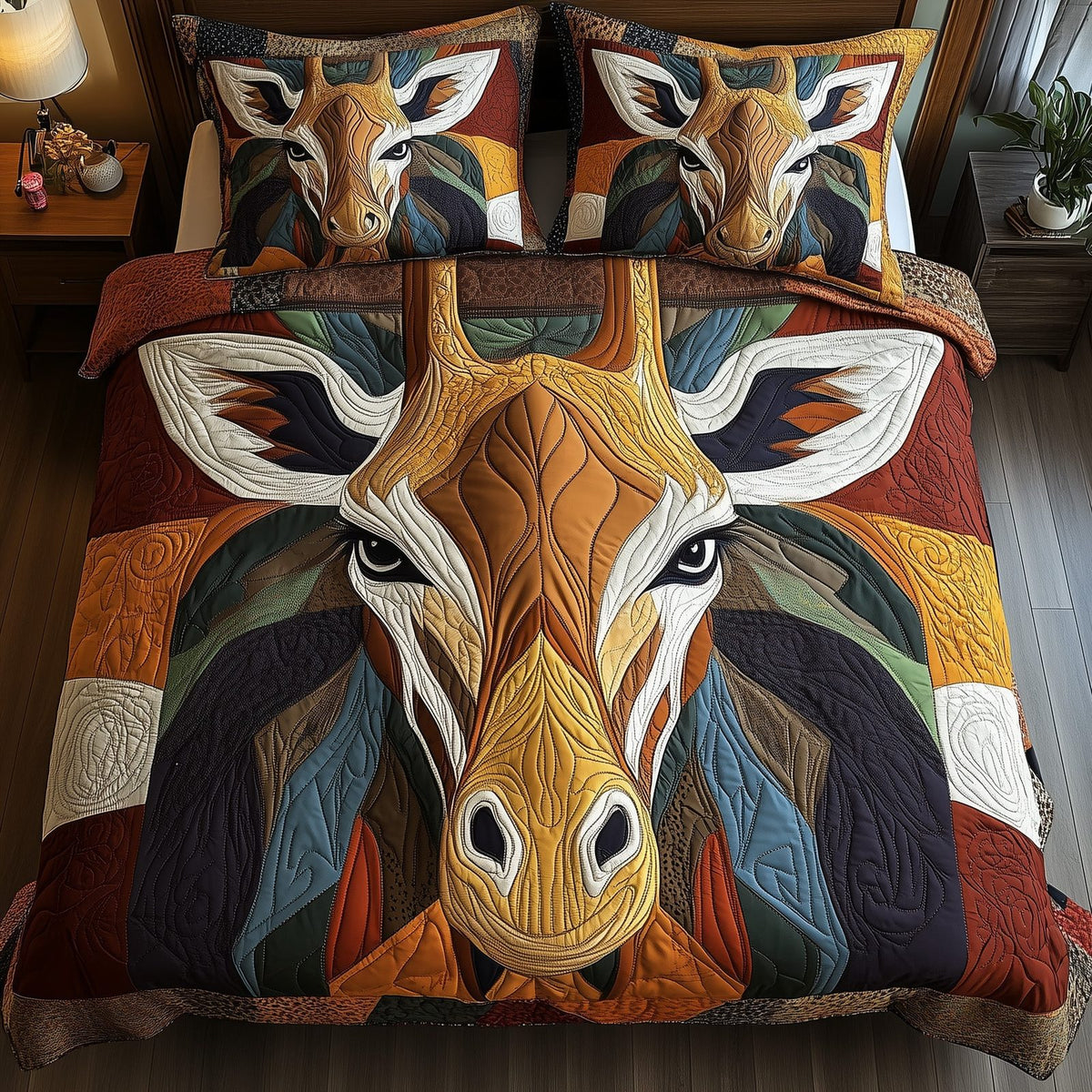 Giraffe Patchwork quilted 3-piece bedding set on a made bed in a farmhouse bedroom