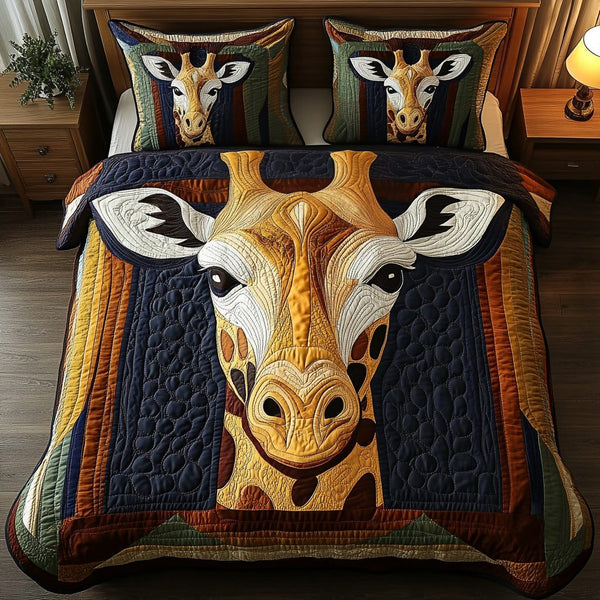 Giraffe quilted 3-piece bedding set on a made bed with two matching pillow shams