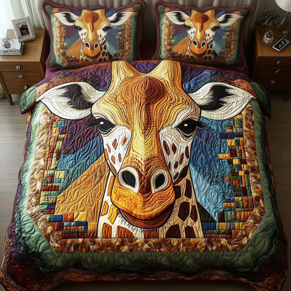 Giraffe quilted 3-piece bedding set on a made bed with two matching pillow shams