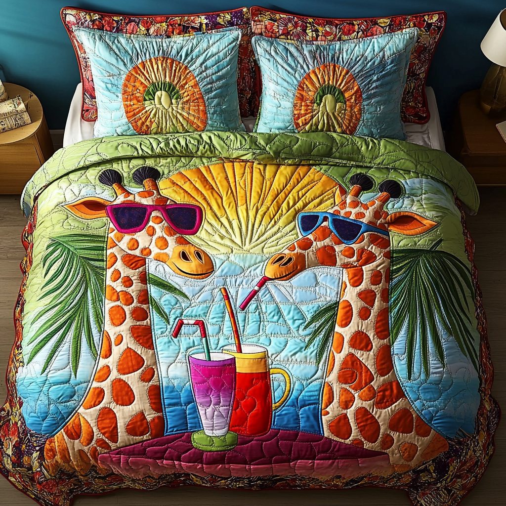 Giraffe Serenade quilted 3-piece bedding set on a made bed with two matching pillow shams
