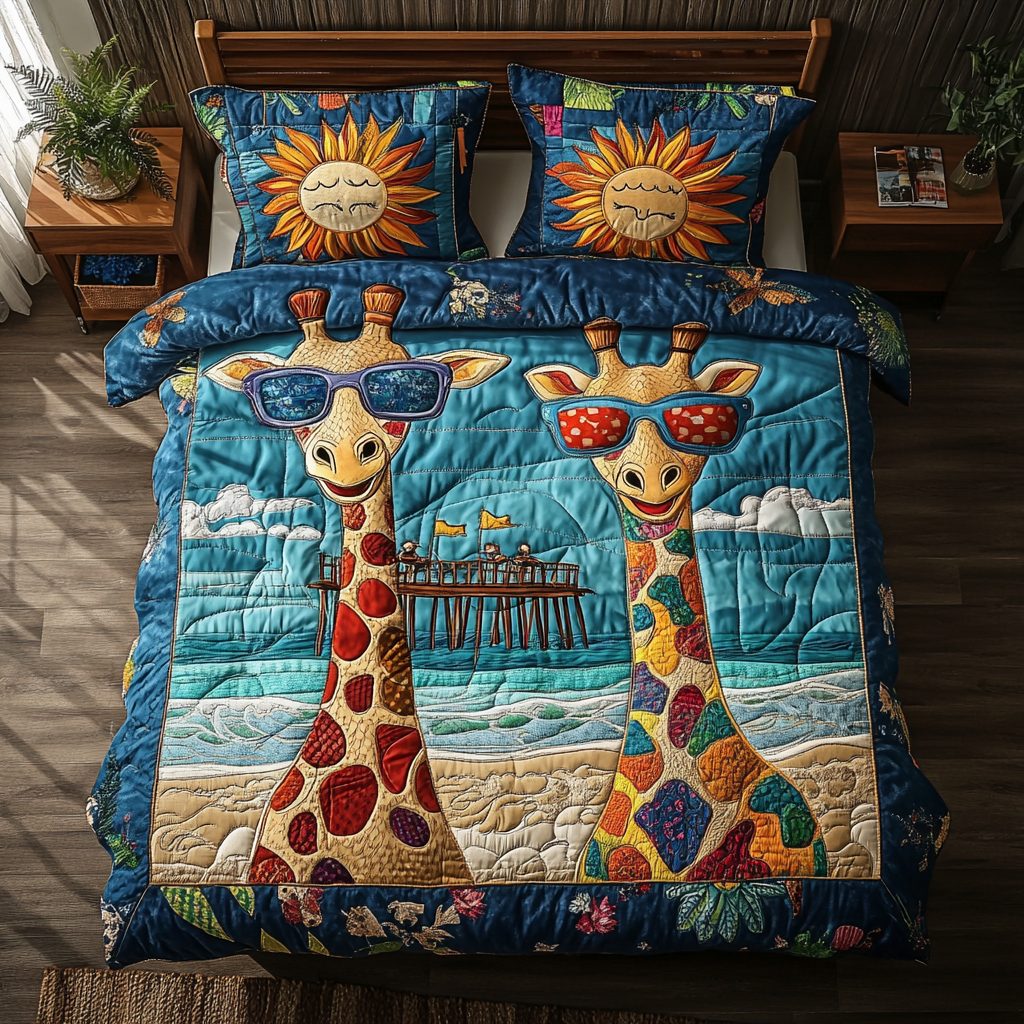 Giraffe Trail quilted 3-piece bedding set on a made bed with two matching pillow shams
