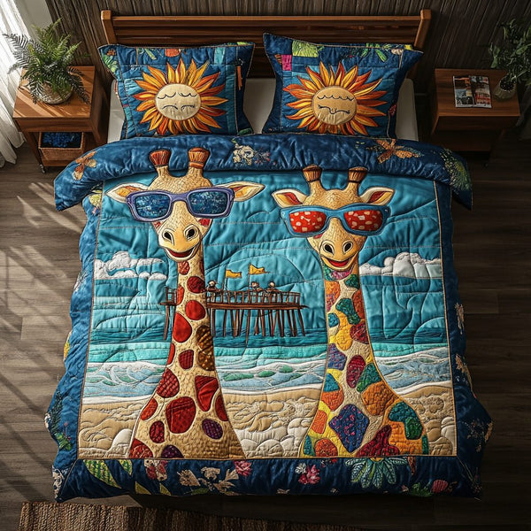 Giraffe Trail quilted 3-piece bedding set on a made bed with two matching pillow shams