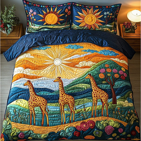 Giraffe Vision quilted 3-piece bedding set on a made bed with two matching pillow shams
