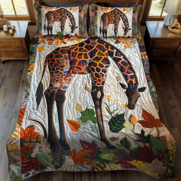 Giraffe Wilderness quilted 3-piece bedding set on a made bed with two matching pillow shams