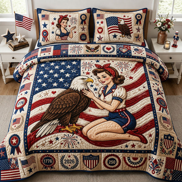 Girl With Patriotic Eagle quilted 3-piece bedding set on a made bed in a warmly lit bedroom