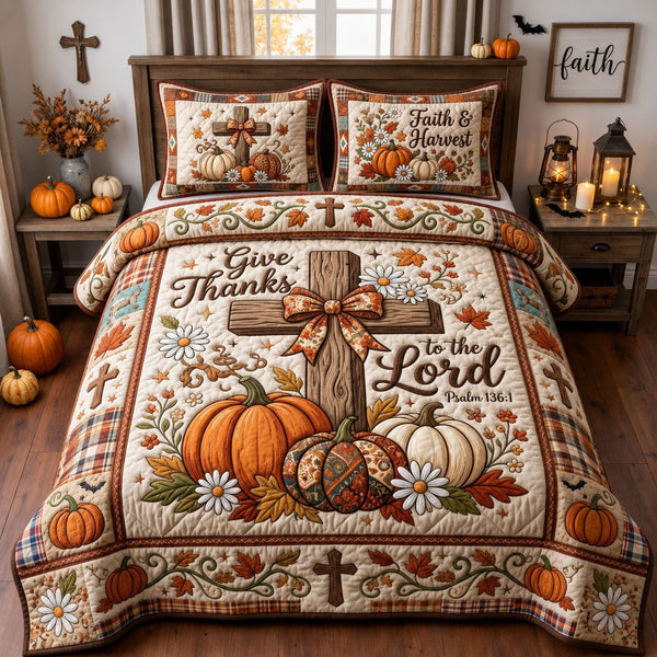 Give Thanks To The Lord quilted 3-piece bedding set on a made bed in a softly lit bedroom