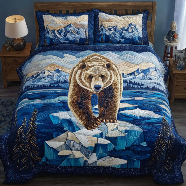 Glacier Bear quilted 3-piece bedding set on a made bed with two matching pillow shams