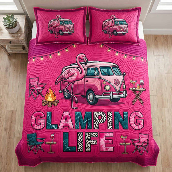 Glamping Life quilted 3-piece bedding set on a made bed with two matching pillow shams